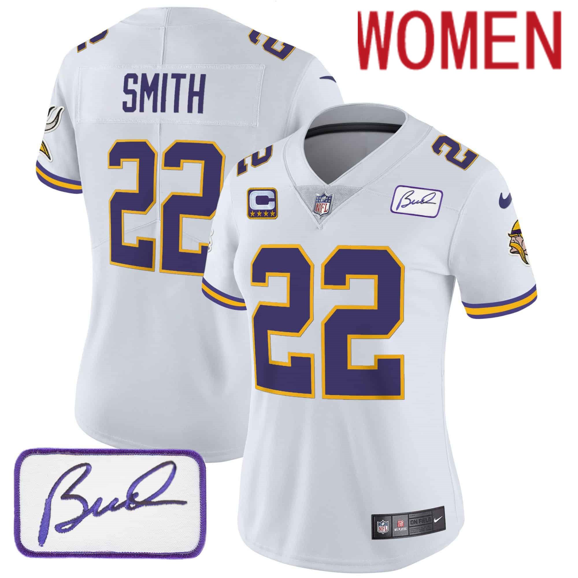 Women Minnesota Vikings #22 Smith White 2024 Nike Bud Grant Patch Classic Limited NFL Jersey style 1